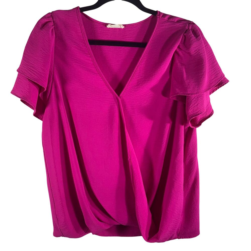 Entro Large Fuchsia Wrap Front Flutter Sleeve Blouse Career Boho USA Made Pink